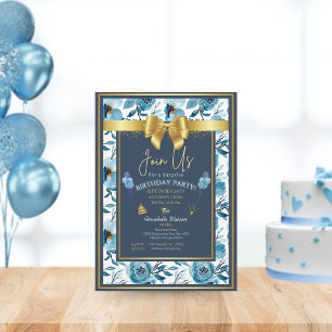 Invitation Elégante Dusty Blue Floral Surprise Anniversaire P