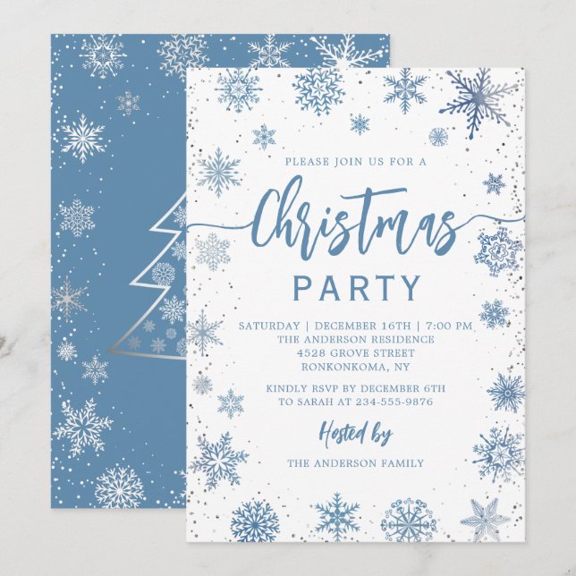 Invitation Élégante Dusty Blue Snowflakes Noël (Devant / Derrière)