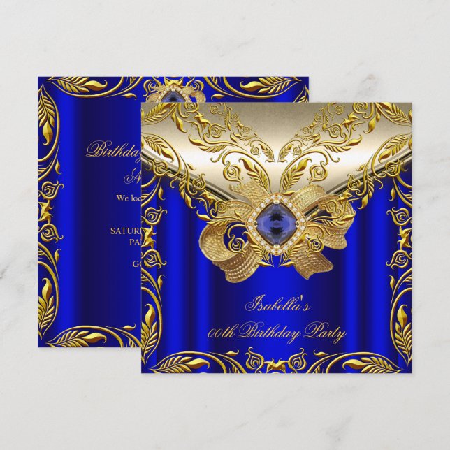 Invitation Elégante Elite Royal Blue Gold fête d'anniversaire (Devant / Derrière)