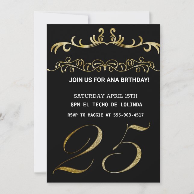 INVITATION ÉLÉGANTE EN OR NOIR POUR VOTRE ANNIVERS (Devant)