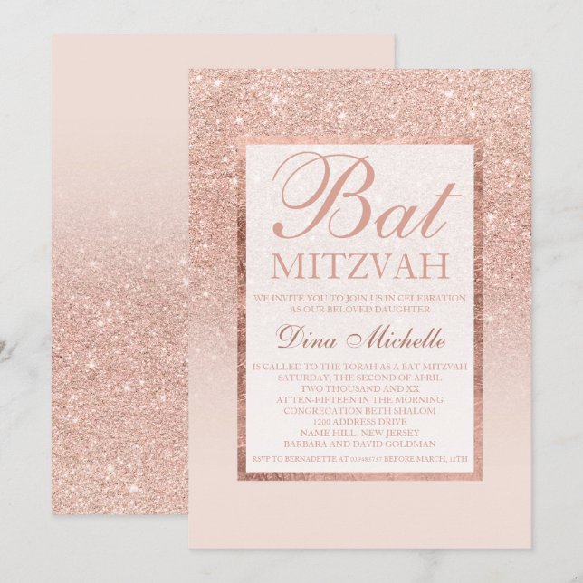 Invitation  élégante et chic Bat Mitzvah rose doré (Devant / Derrière)