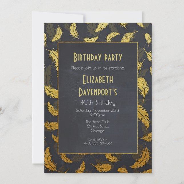 Invitation Elégante Et Chic Plumes Noir Et Or Anniversaire (Devant)