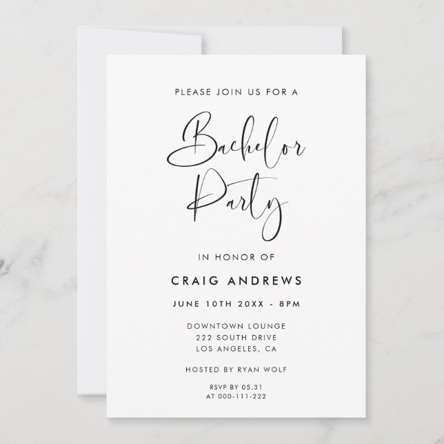 Invitation Élégante et moderne Black and White Bachelor Party (Devant)