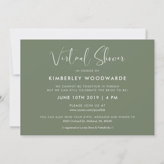 Invitation Elégante et moderne Dark Sage Green Douche virtuel (Devant)