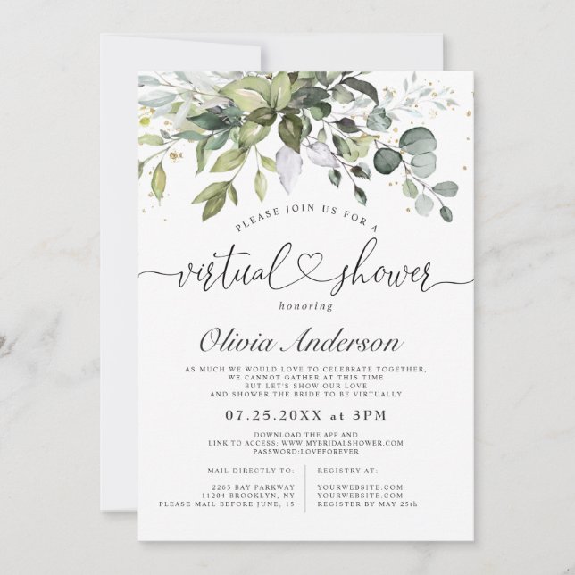 Invitation Elégante Eucalyptus Fête des mariées virtuelle Ver (Devant)