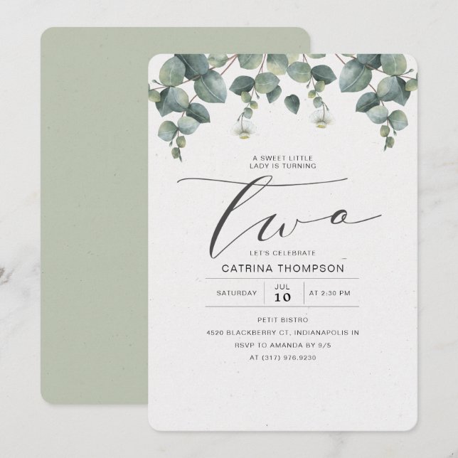 Invitation Elégante Eucalyptus Green 2e fête d'anniversaire (Devant / Derrière)