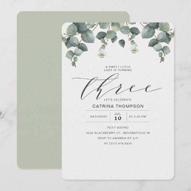 Invitation Elégante Eucalyptus Green 3ème fête d'anniversaire (Devant / Derrière)