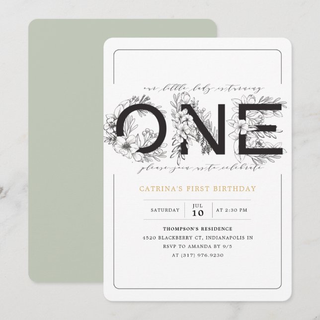 Invitation Elégante Eucalyptus Green Floral Girl 1er annivers (Devant / Derrière)
