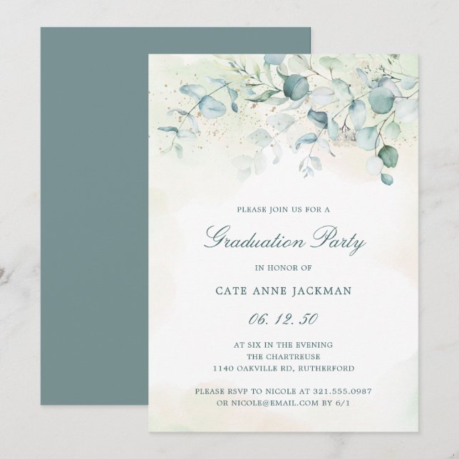 Invitation Elégante Eucalyptus Green Graduation Party (Devant / Derrière)