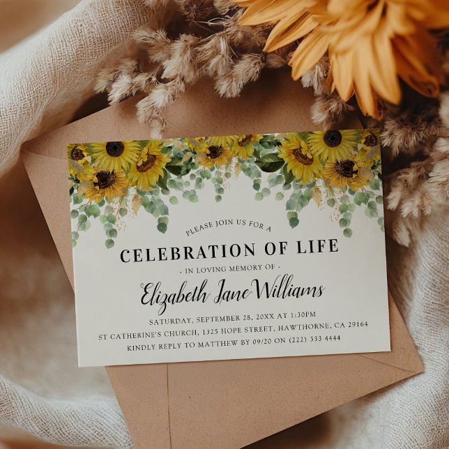 Invitation Elégante Eucalyptus & Tournesol Célébration de la  (Créateur téléchargé)