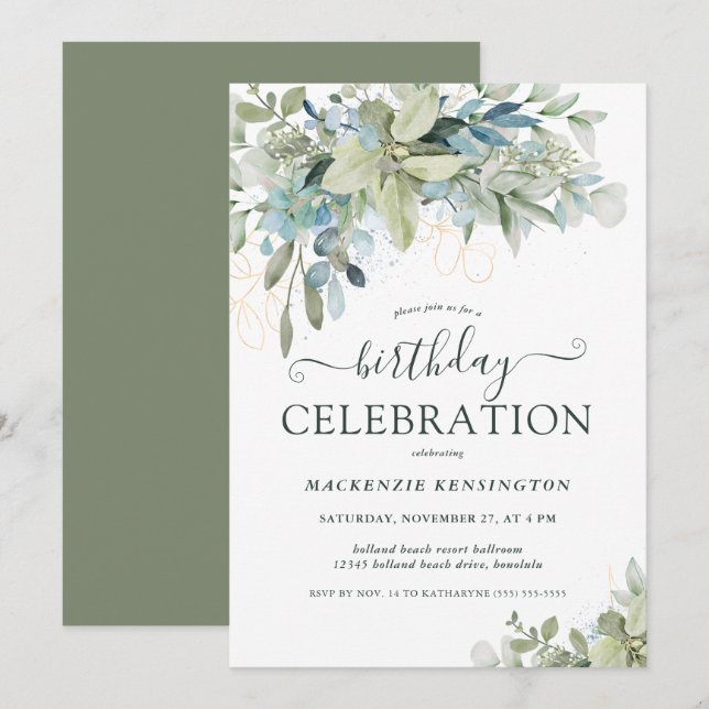 Invitation Elégante Eucalyptus verdure Anniversaire Célébrati (Devant / Derrière)
