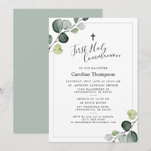 Invitation Elégante Eucalyptus Verdure Première Communion Sai