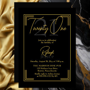 Invitation Élégante fête Art déco pour 21 ans en noir et or