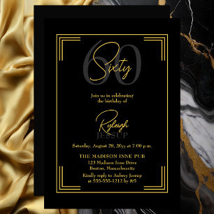 Invitation Élégante Fête Art Déco pour les 60 ans en Noir et
