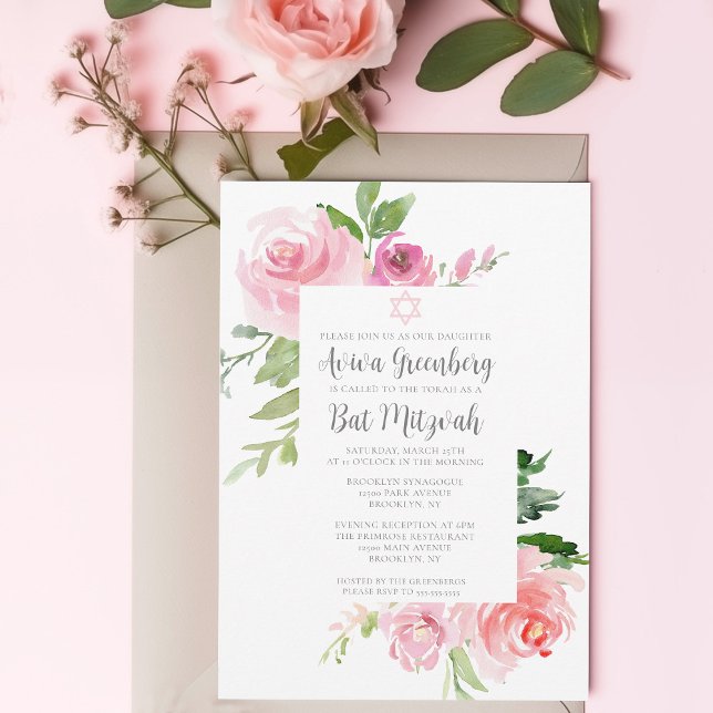 Invitation Élégante fête Bat mitzvah d'aquarelle rose (Créateur téléchargé)