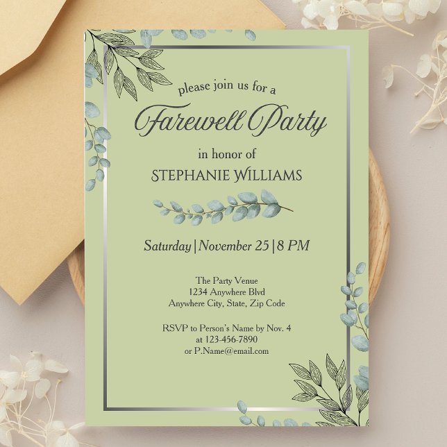 Invitation Élégante fête d'adieu Pastel Green Flower Party (Créateur téléchargé)