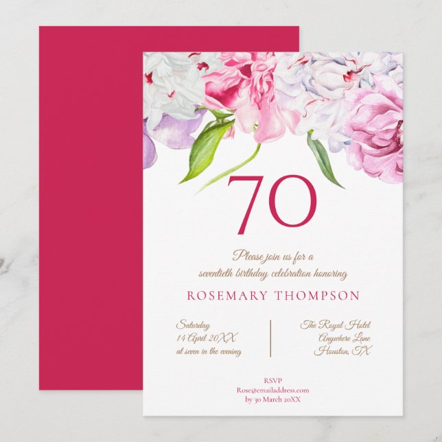 Invitation Élégante fête d'anniversaire 70e florale pivoines  (Devant / Derrière)