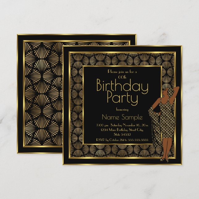 Invitation Élégante fête d'anniversaire Black Gold Art déco d (Devant / Derrière)
