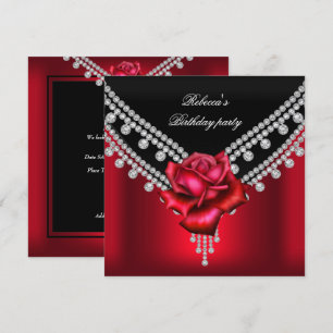 Invitation Élégante fête d'anniversaire Black Red Rose Diamon
