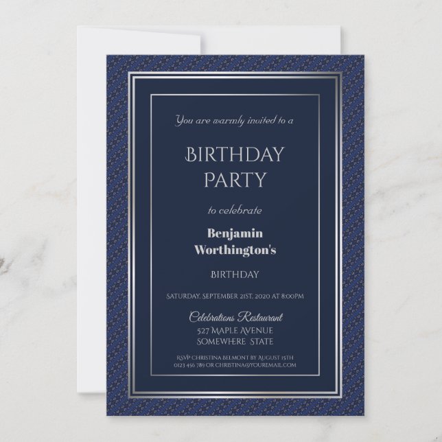 Invitation Elégante fête d'anniversaire bleu et argent de la  (Devant)