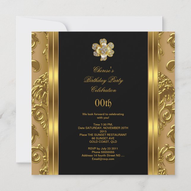 Invitation Elégante fête d'anniversaire Damask Gold Diamond N (Devant)