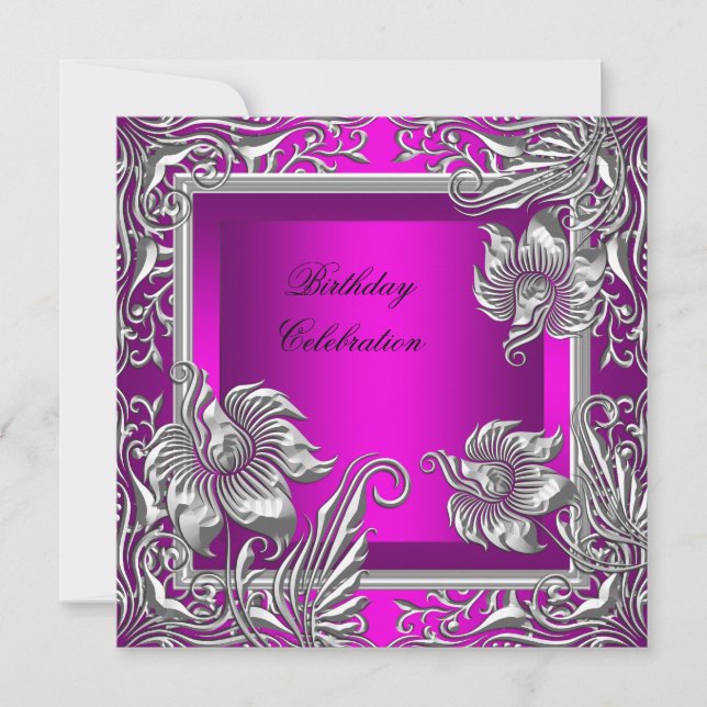 Invitation Élégante fête d'anniversaire d'argent rose chaud (Devant)