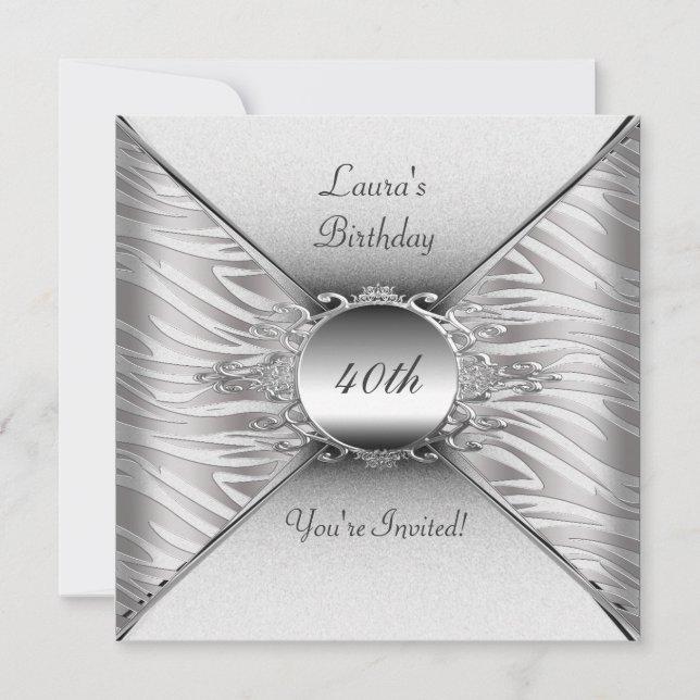 Invitation Élégante fête d'anniversaire de 40e Blanc Argent (Devant)