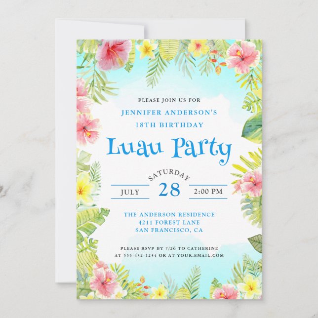 Invitation Elégante fête d'anniversaire de Luau Tropical (Devant)