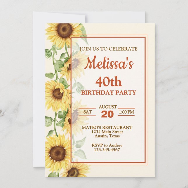 Invitation Élégante fête d'anniversaire de tournesol (Devant)