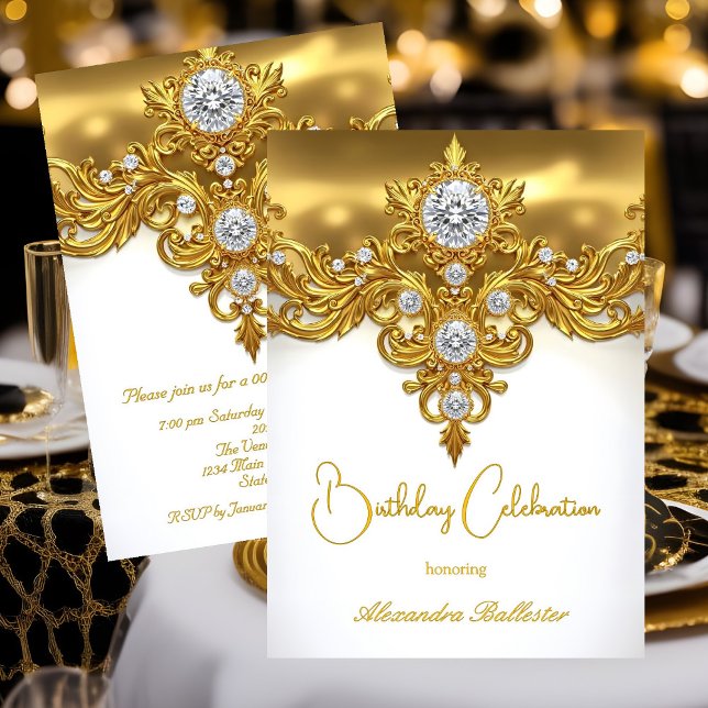 Invitation Élégante fête d'anniversaire Diamants d'or blanc (Créateur téléchargé)