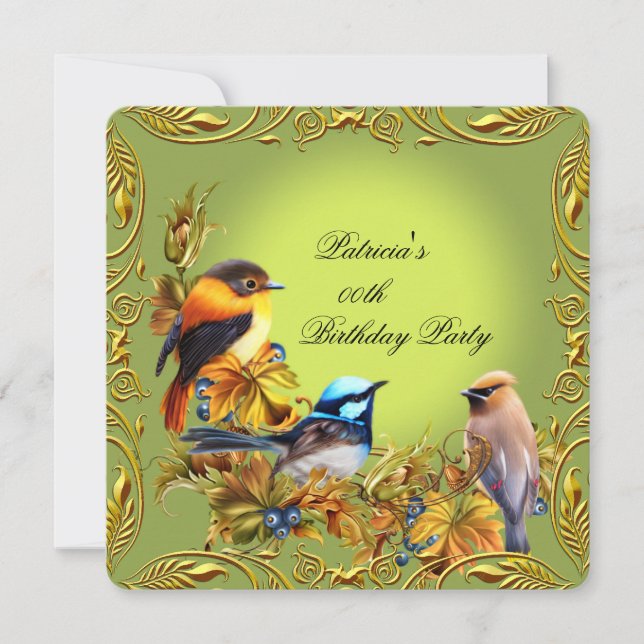 Invitation Elégante fête d'anniversaire d'or vert d'oiseaux f (Devant)