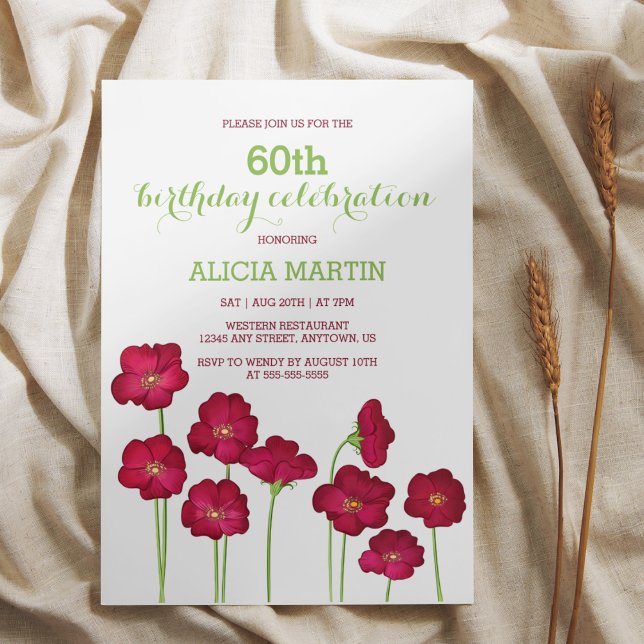 Invitation Élégante fête d'anniversaire du Fleur sauvage Red  (Créateur téléchargé)