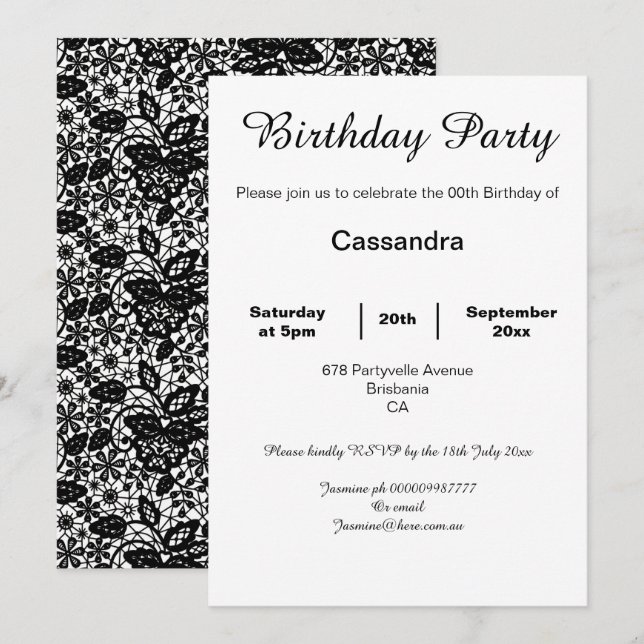 INVITATION ÉLÉGANTE FÊTE D'ANNIVERSAIRE EN LACE BLANCHE ET NO (Devant / Derrière)