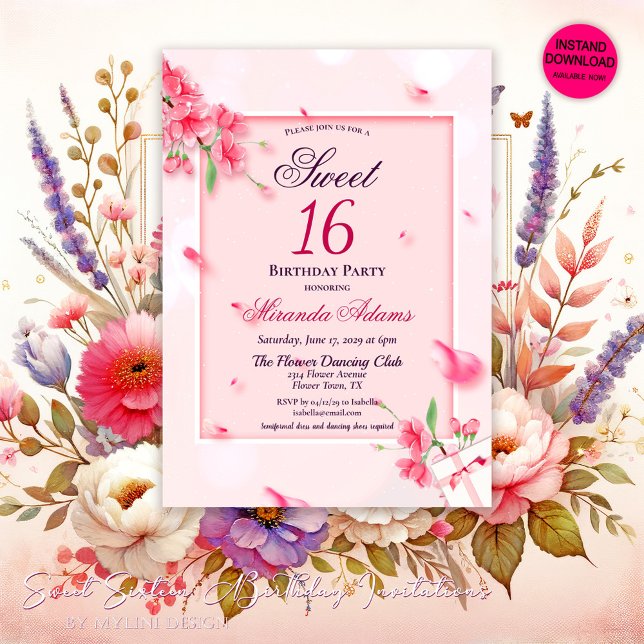 Invitation Elégante fête d'anniversaire en Sweet sixteen rose (Créateur téléchargé)