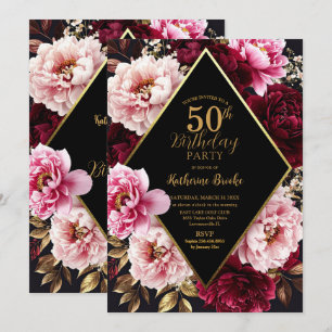 Invitation Élégante Fête d'Anniversaire Florale Bourguignon e