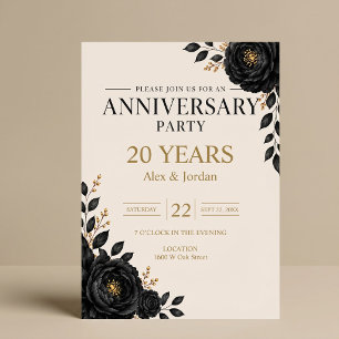 Invitation Élégante fête d'anniversaire florale noire