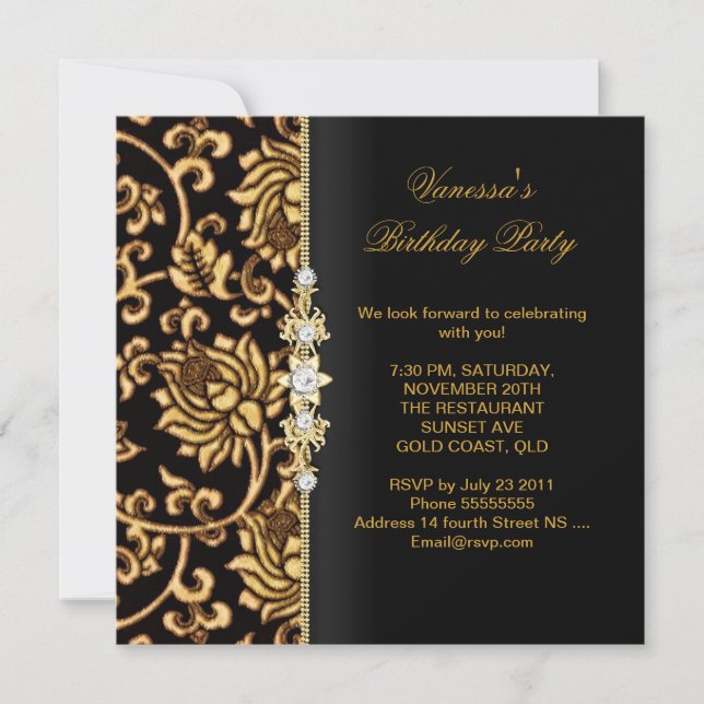 Invitation Élégante fête d'anniversaire Gold Black Brocade (Devant)