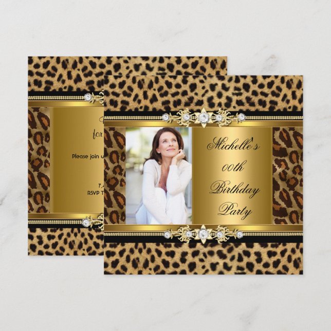 Invitation Élégante fête d'anniversaire Gold Black Leopard (Devant / Derrière)