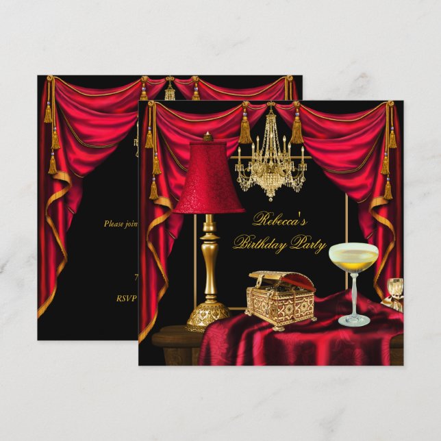 Invitation Elégante fête d'anniversaire Gold Black Red Luxe (Devant / Derrière)