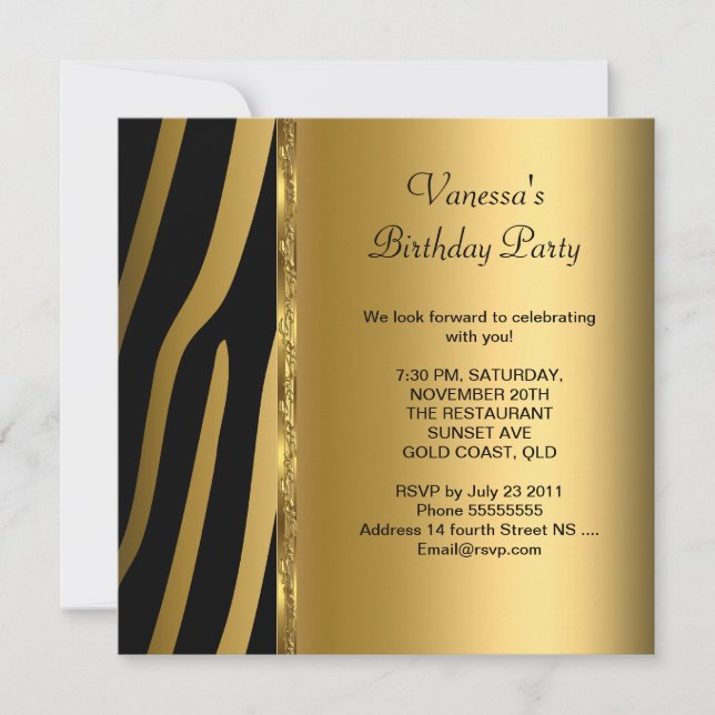 Invitation Élégante fête d'anniversaire Gold Black Zebra Stri (Devant)