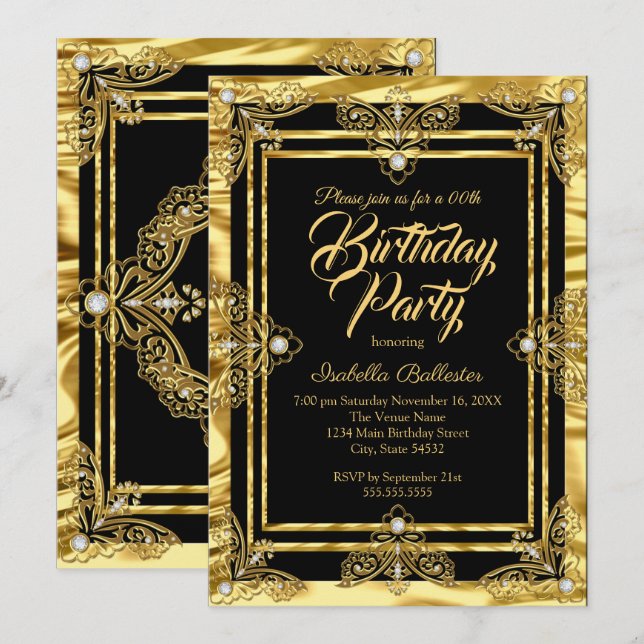 Invitation Élégante fête d'anniversaire Golden Black Gold Gem (Devant / Derrière)