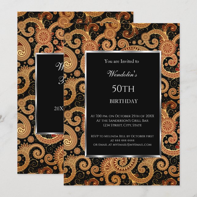 Invitation Élégante fête d'anniversaire moderne Paisley Invit (Devant / Derrière)