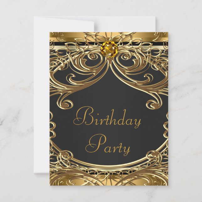 Invitation Élégante fête d'anniversaire Noir et Or (Devant)