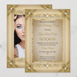 Invitation Élégante Fête d'Anniversaire Photo Perle Beige Or