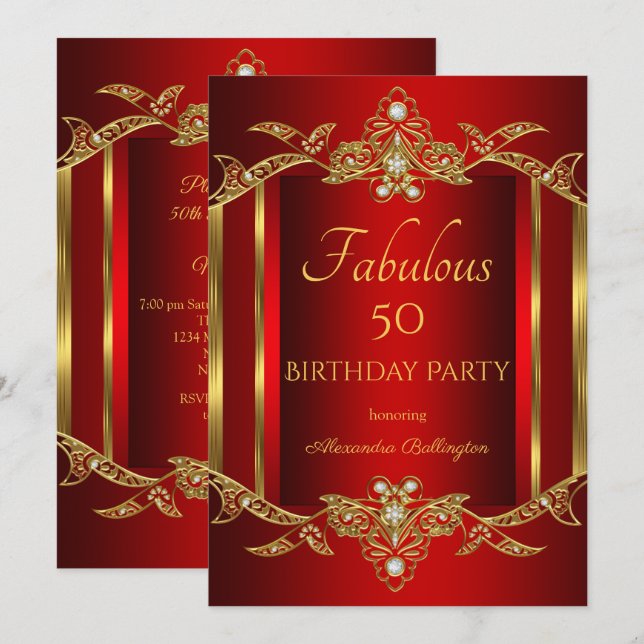 Invitation Élégante fête d'anniversaire Regal Red Gold (Devant / Derrière)