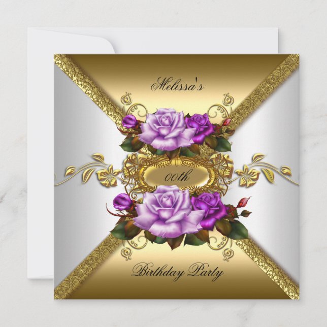 Invitation Élégante fête d'anniversaire Rose violet blanc or (Devant)