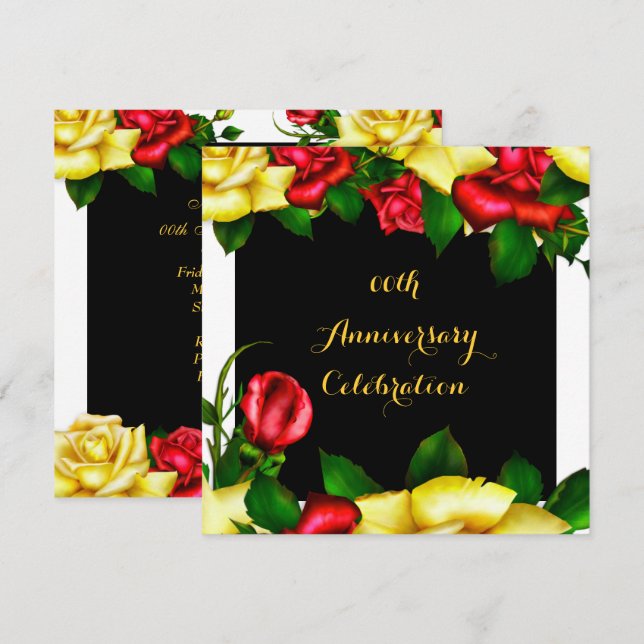 Invitation Elégante fête d'anniversaire Rouge Jaune Roses 3 (Devant / Derrière)