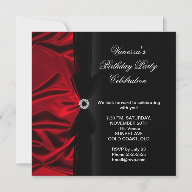 Invitation Élégante fête d'anniversaire Soie rouge profonde N (Devant)