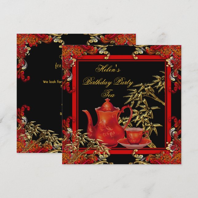 Invitation Elégante fête d'anniversaire Thé Rouge or Bambou (Devant / Derrière)
