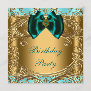 Invitation Elégante fête d'anniversaire Turquoise bleu et or